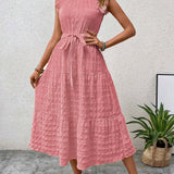 Ruffled Flutter Sleeve Belted Textured Midi Dress