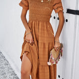 Smocked Tiered Midi Dress with Lace-Trim Sleeves