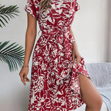 Floral Pleated Tie - Waist Midi Dress