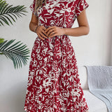 Floral Pleated Tie - Waist Midi Dress