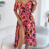 Floral Cold - Shoulder Tie - Waist Midi Dress
