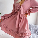 Tie Front Smocked Waist Ruffle Swing Dress