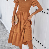 Smocked Tiered Midi Dress with Lace-Trim Sleeves