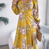 Floral Tie - Front Slit Midi Dress