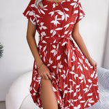 Leaf Print Belted Pleated Midi Dress