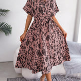 Leopard Print Tie-Waist Shirt Midi Dress