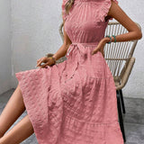 Ruffled Flutter Sleeve Belted Textured Midi Dress
