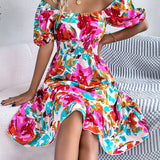 Floral Square Neck Puff Sleeve Midi Dress