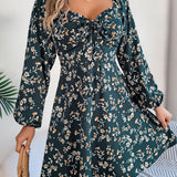 Square Neck Floral Long Sleeve A-Line Dress