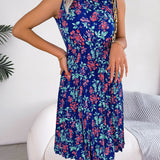 Ruffle Mock Neck Floral Pleated Midi Dress