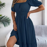 Square Neck Puff Sleeve Smocked Waist Ruffle A-Line Dress