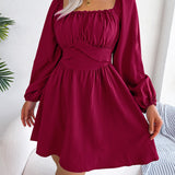 Solid Color Ruffle Square Neck Mini Dress