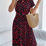 Heart Print Tie - Waist Pleated Dress