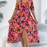 Floral Cold - Shoulder Tie - Waist Midi Dress