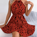 Spring Summer Leopard Print Halter Ruffle Mini Dress