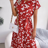 Leaf Print Belted Pleated Midi Dress