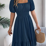 Square Neck Puff Sleeve Smocked Waist Ruffle A-Line Dress