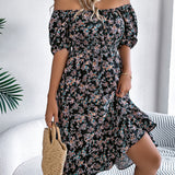 Floral Square Neck Smocked Waist Ruffle A-Line Dress