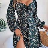 Square Neck Floral Long Sleeve A-Line Dress