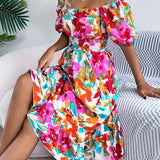 Floral Square Neck Puff Sleeve Midi Dress