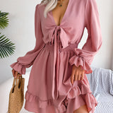 Tie Front Smocked Waist Ruffle Swing Dress