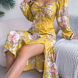 Floral Tie - Front Slit Midi Dress