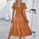 Smocked Tiered Midi Dress with Lace-Trim Sleeves