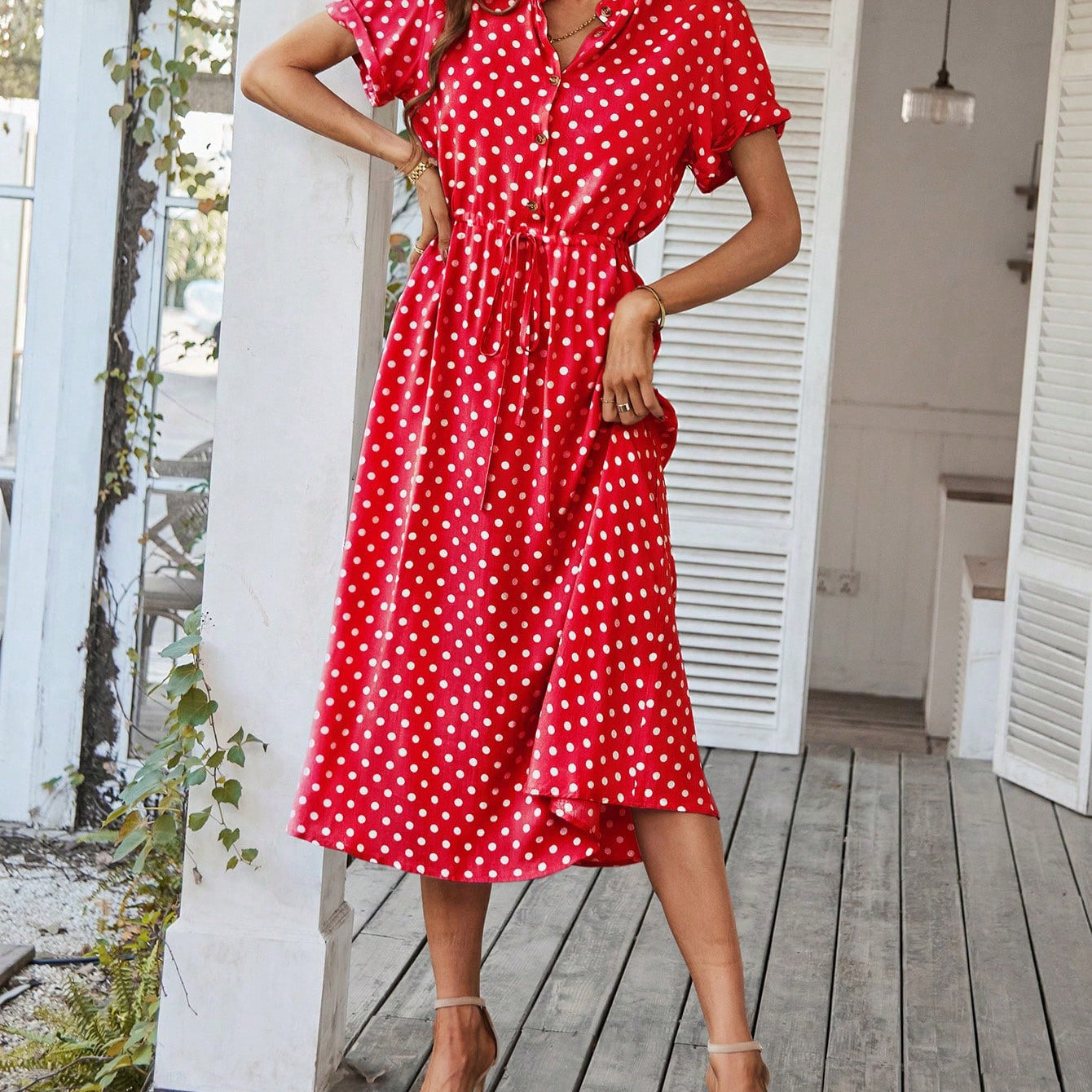 Polka Dot Midi Dress with Drawstring Waist