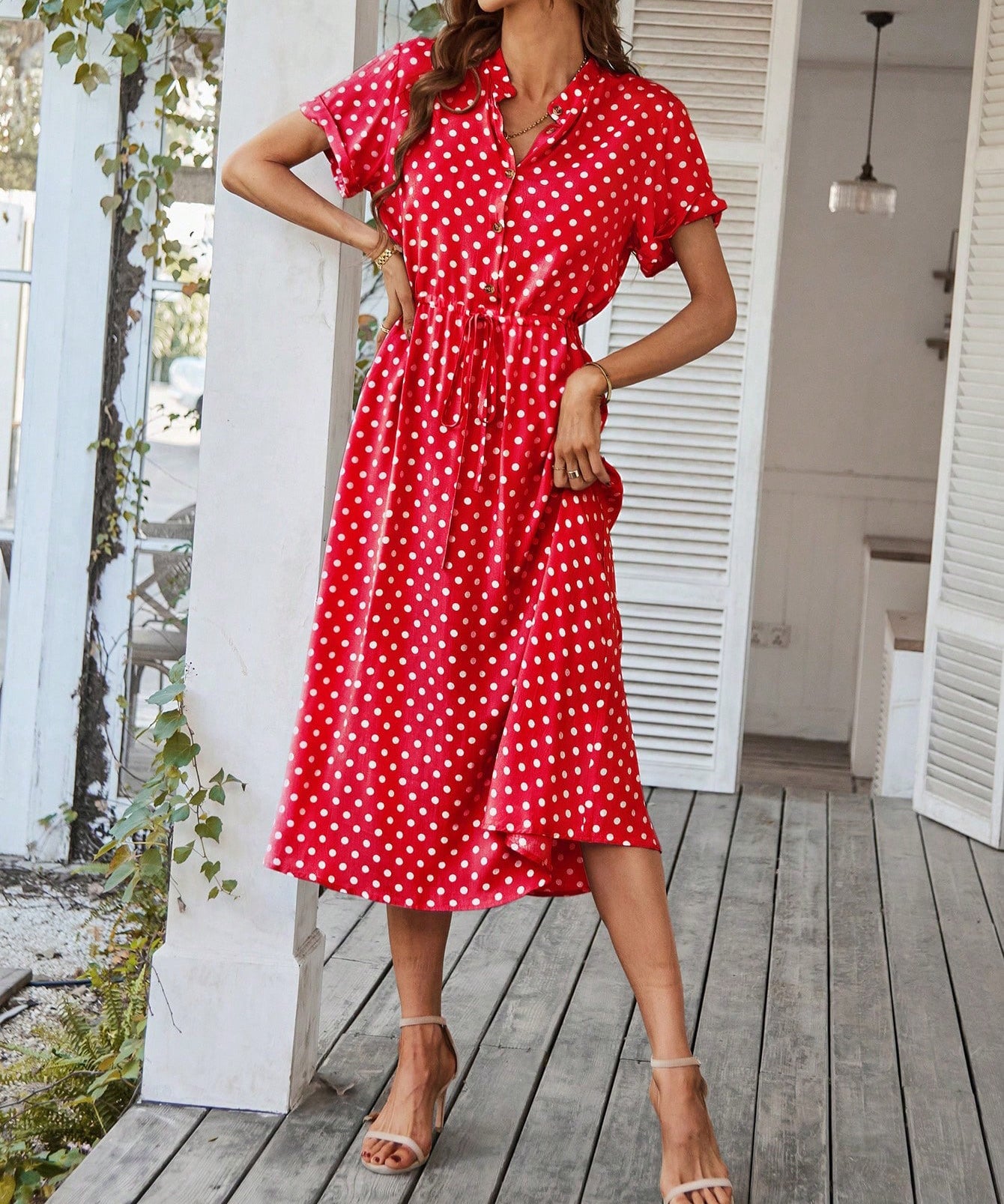 Polka Dot Midi Dress with Drawstring Waist