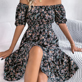 Floral Square Neck Smocked Waist Ruffle A-Line Dress