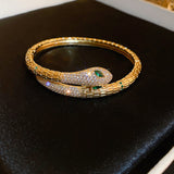 Gold-Plated Zircon & Emerald Snake Design Titanium Steel Women’s Bangle