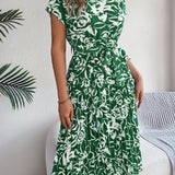 Floral Pleated Tie - Waist Midi Dress