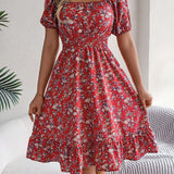 Floral Square Neck Smocked Waist Ruffle A-Line Dress