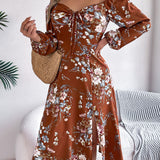 Floral Tie - Front Slit Midi Dress