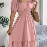 Square Neck Puff Sleeve Smocked Waist Ruffle A-Line Dress
