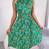 Ruffle Mock Neck Floral Pleated Midi Dress