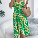 Floral Cold - Shoulder Tie - Waist Midi Dress