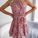 Halter Neck Floral Ruffle Mini Dress