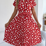 Heart Print Tie - Waist Pleated Dress