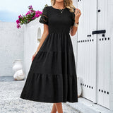 Smocked Tiered Midi Dress with Lace-Trim Sleeves