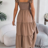 Solid Color Square Neck Ruffle Midi Dress