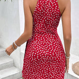 Halter Neck Floral Ruched Mini Dress