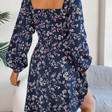 Square Neck Floral Long Sleeve A-Line Dress
