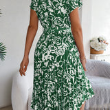 Floral Pleated Tie - Waist Midi Dress