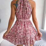 Halter Neck Floral Ruffle Mini Dress