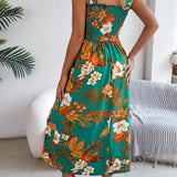 Floral Tie-Strap Smocked Waist Midi Dress