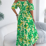 Floral Cold - Shoulder Tie - Waist Midi Dress
