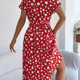 Heart Print Tie - Waist Pleated Dress
