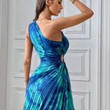 One - Shoulder Pleated Printed Mini Dress