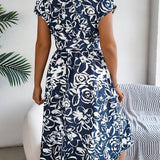 Floral V-Neck Batwing Sleeve Flowy Midi Dress
